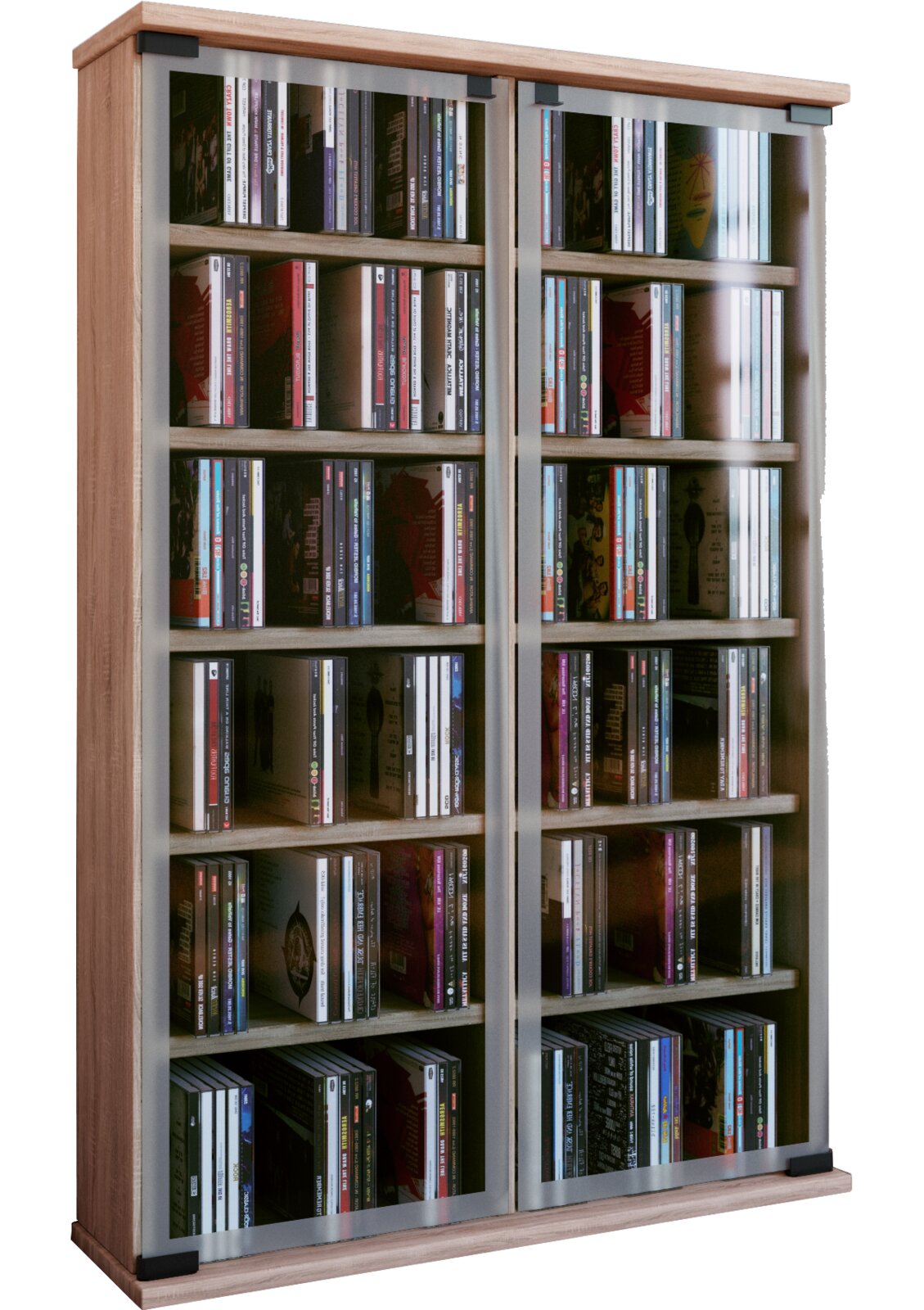 VCM CD/DVD Möbel GALERIE Holzfarbenes CD-/Medienregal mit zwei Glas-Schiebetüren und mehreren Ablagefächern, gefüllt mit CDs; Ansicht schräg von vorne.