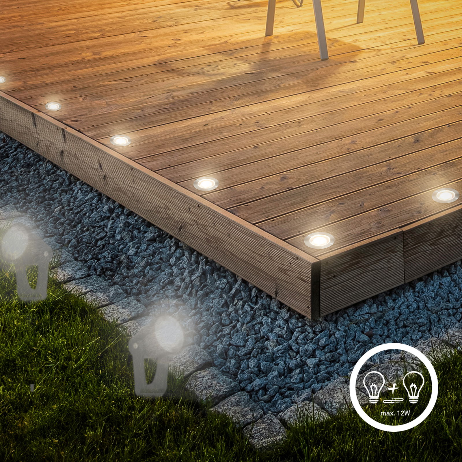 Terrasse mit eingebauten LED-Bodenspots aus Edelstahl, seitliche Perspektive