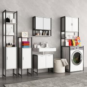 Modernes Badezimmer-/Waschraum-Set mit schwarzen Metallrahmen und weißen Schrankfronten: hoher Regal- und Schrankturm, kleiner Hochschrank, wandhängender Hängeschrank, Unterschrank unter Waschbecken sowie Waschmaschinen-Überbau; Frontansicht in leichter P