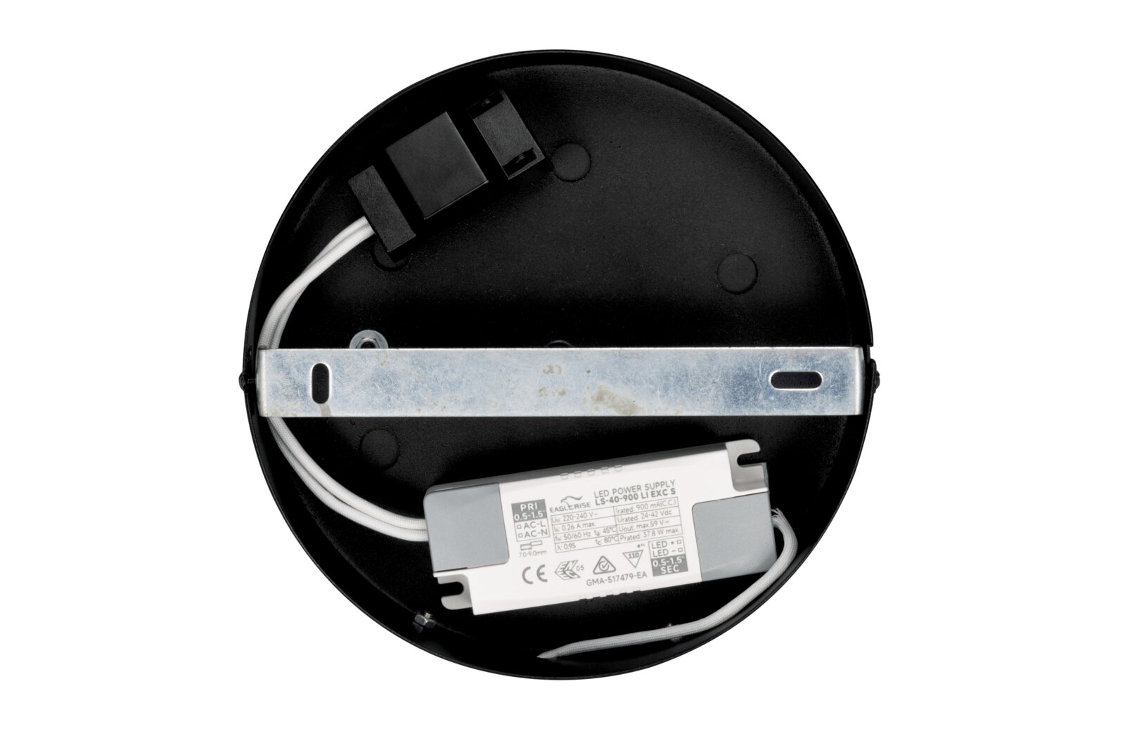 Rückansicht einer runden LED-Deckenleuchte mit sichtbarem Netzteil und Kabeln.