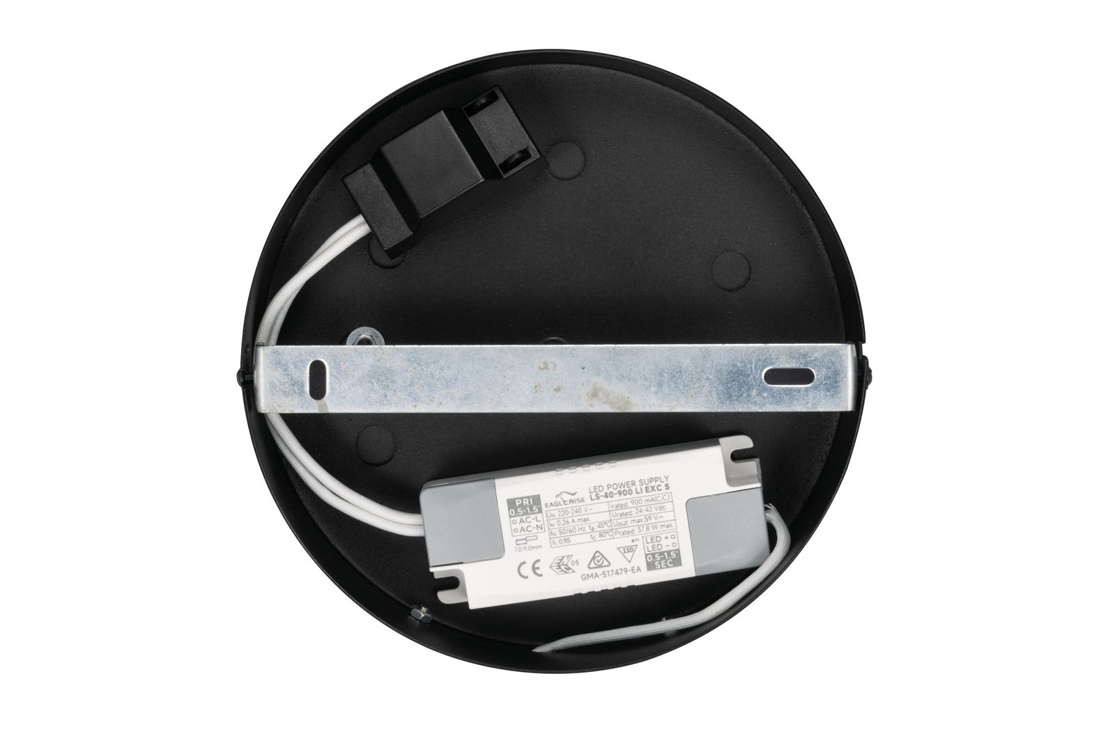 Rückansicht einer runden LED-Deckenleuchte mit sichtbarem Netzteil und Kabeln.