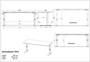 Höhenverstellbarer Schreibtisch 7912 mit den Maßen 180 cm Breite, 68-91 cm Höhe und 80 cm Tiefe, seitliche und frontale Ansicht