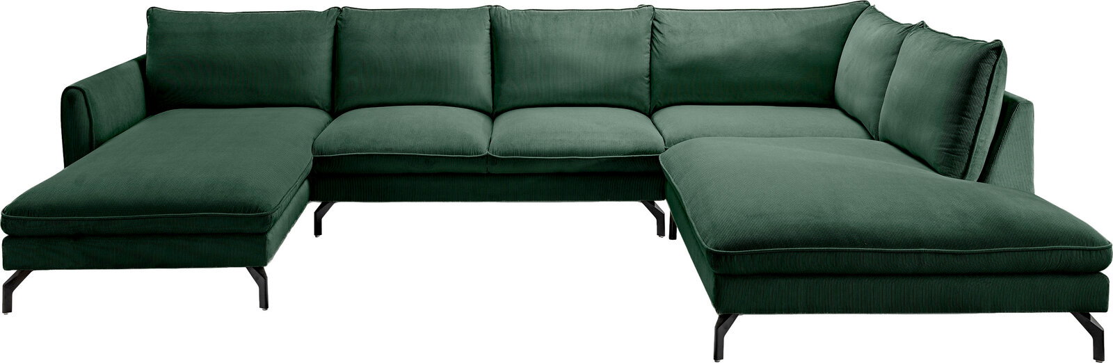 Dunkelgrünes U-förmiges Ecksofa mit Cordbezug, zwei Ottomane-Elementen und schwarzen Metallfüßen, Frontansicht leicht schräg von vorn.