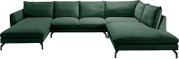 Dunkelgrünes U-förmiges Ecksofa mit Cordbezug, zwei Ottomane-Elementen und schwarzen Metallfüßen, Frontansicht leicht schräg von vorn.