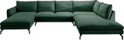 Dunkelgrünes U-förmiges Ecksofa mit Cordbezug, zwei Ottomane-Elementen und schwarzen Metallfüßen, Frontansicht leicht schräg von vorn.