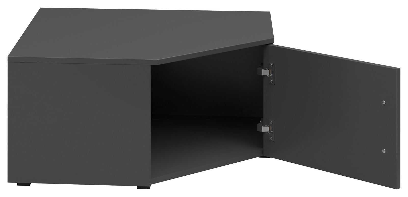 Eckaufsatzschrank in dunkler Farbe mit geöffneter Tür, seitliche Perspektive