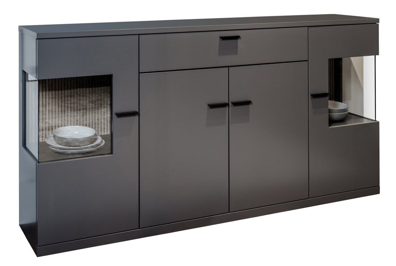 Modernes Sideboard in dunklem Grau mit zwei offenen Fächern an den Seiten, gefüllt mit Geschirr, aus frontaler Perspektive.