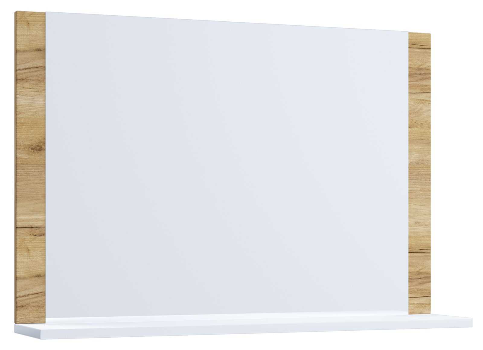 Weißes Wandregal mit Rückwand und zwei seitlichen Holzblenden, frontal leicht von rechts fotografiert