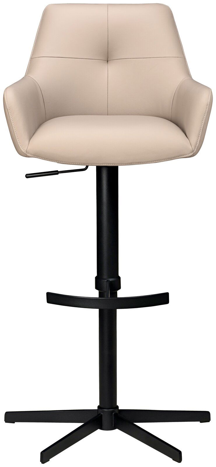 Moderner Barhocker mit beigem Polstersitz und schwarzem Metallgestell, Frontalansicht
