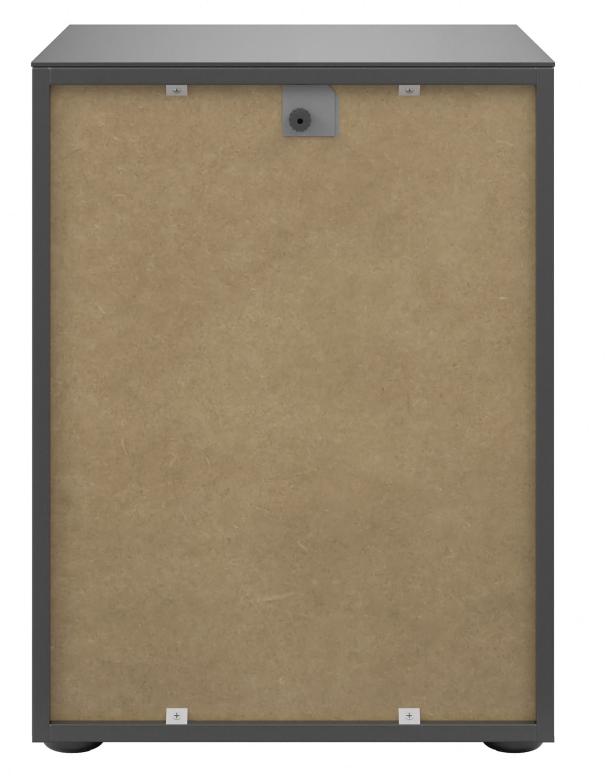 Rückansicht einer Nachtkommode mit grauem Rahmen und Rückwand aus Holzfaserplatte.