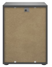 Rückansicht einer Nachtkommode mit grauem Rahmen und Rückwand aus Holzfaserplatte.