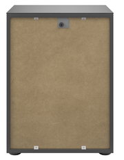 Rückansicht einer Nachtkommode mit grauem Rahmen und Rückwand aus Holzfaserplatte.