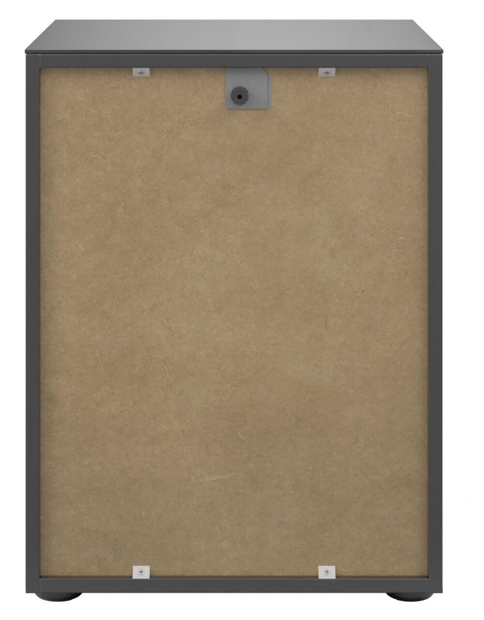 Achterkant van een nachtkastje met een grijs frame en een achterwand van houtvezelplaat.