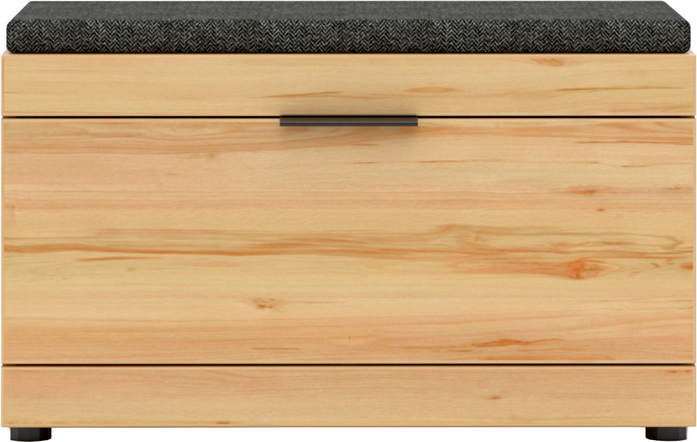 Holztruhe mit gepolstertem, dunkelgrauem Sitzkissen und mittigem Griff, Frontansicht