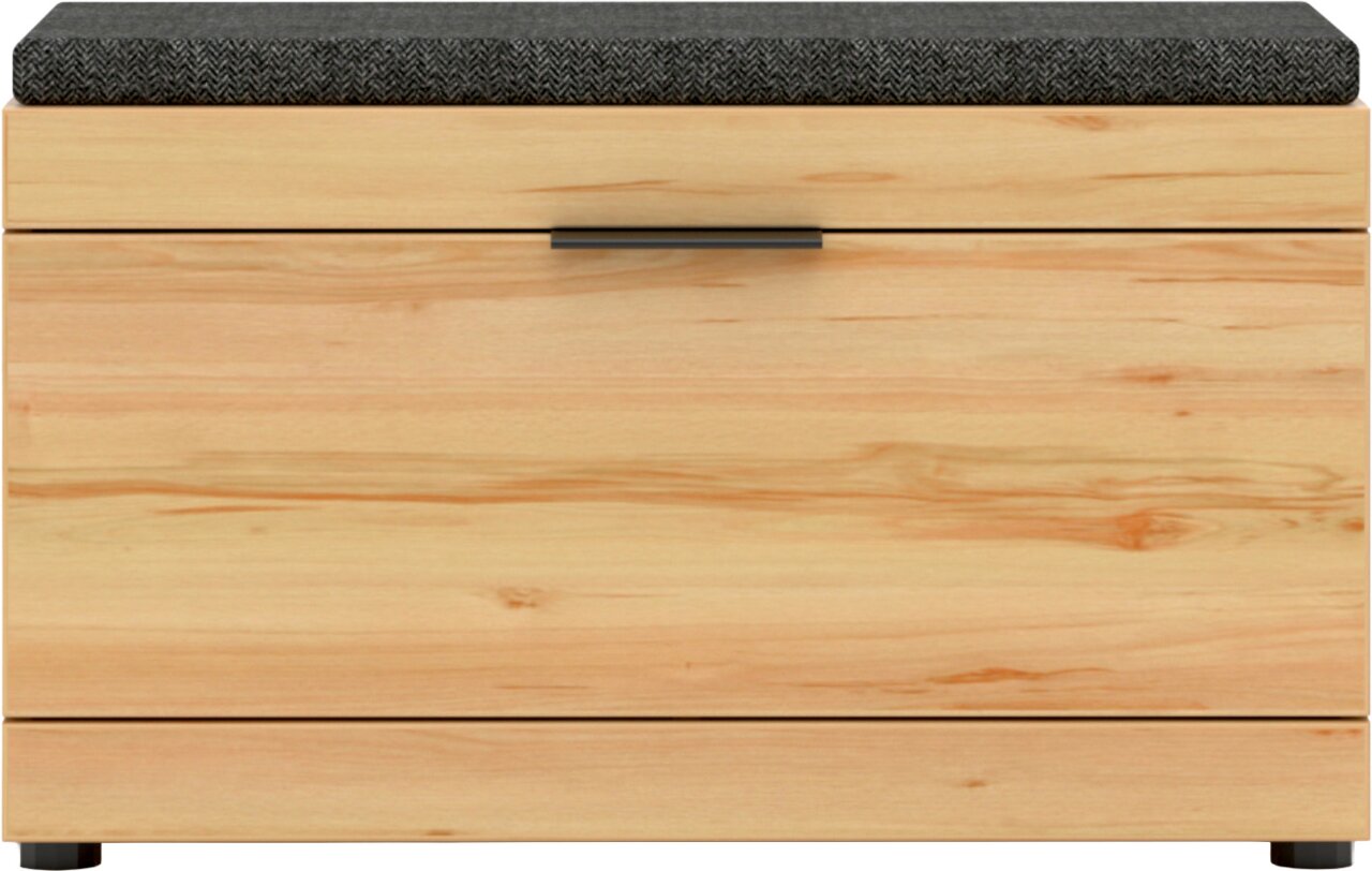 Houten kist met een gestoffeerd, donkergrijs zitkussen en een handgreep in het midden, vooraanzicht