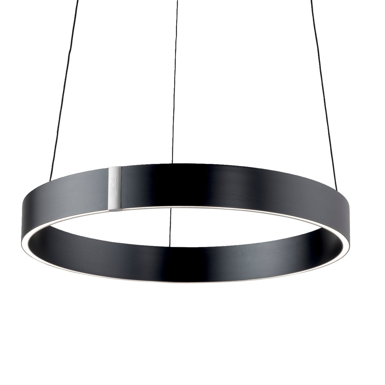 Moderne, runde Pendelleuchte PURE E-Clipse in schwarzem Design, seitliche Perspektive