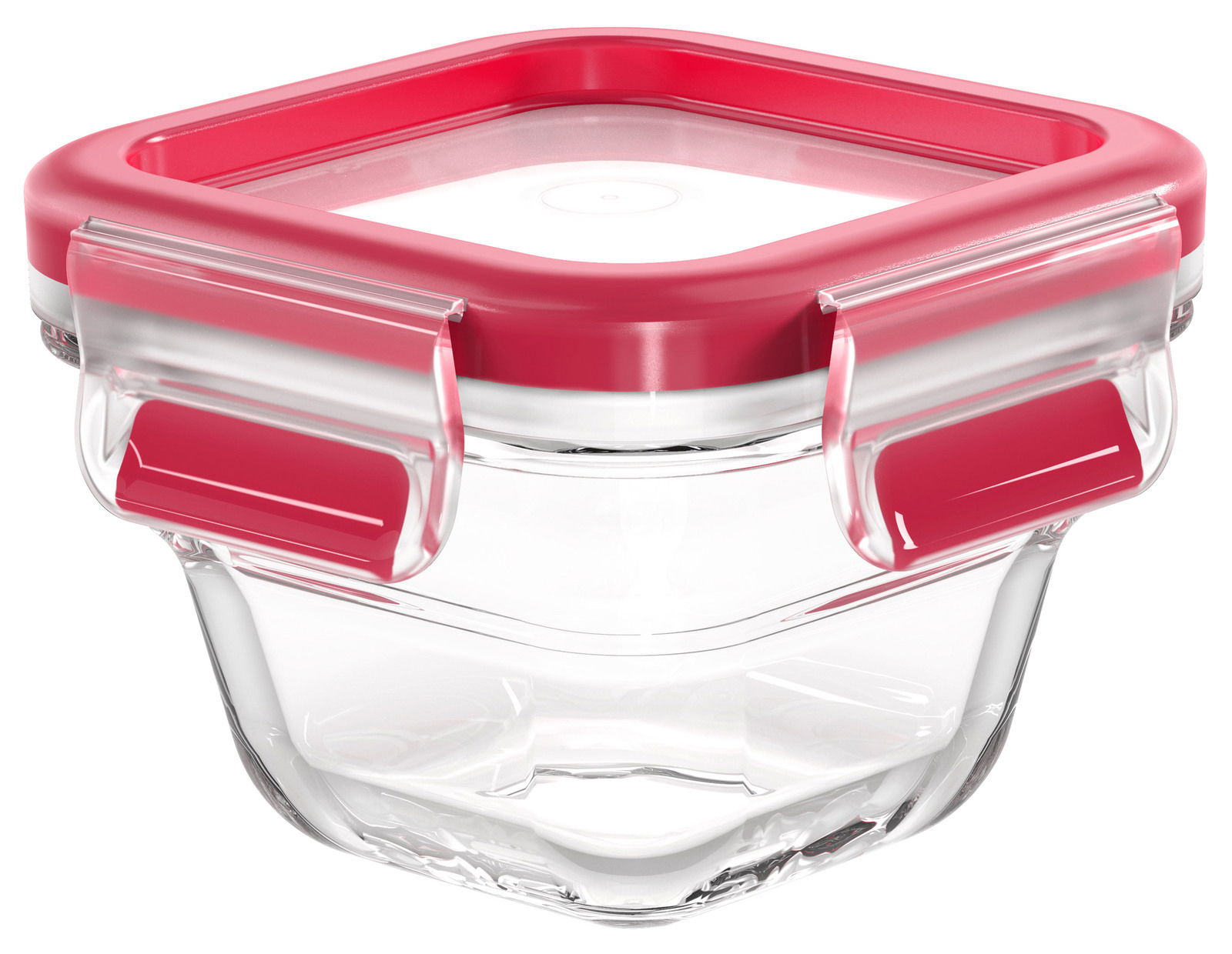 Quadratisches Glasbehälter mit rotem Deckel, seitliche Perspektive
