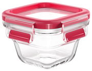 Quadratisches Glasbehälter mit rotem Deckel, seitliche Perspektive