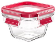 Quadratisches Glasbehälter mit rotem Deckel, seitliche Perspektive