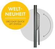 Seitenansicht eines LIRO Easy Quick Lift Systems an einer vertikalen Stange, mit Drehpfeil-Symbol und gelbem Badge „Welt-Neuheit“