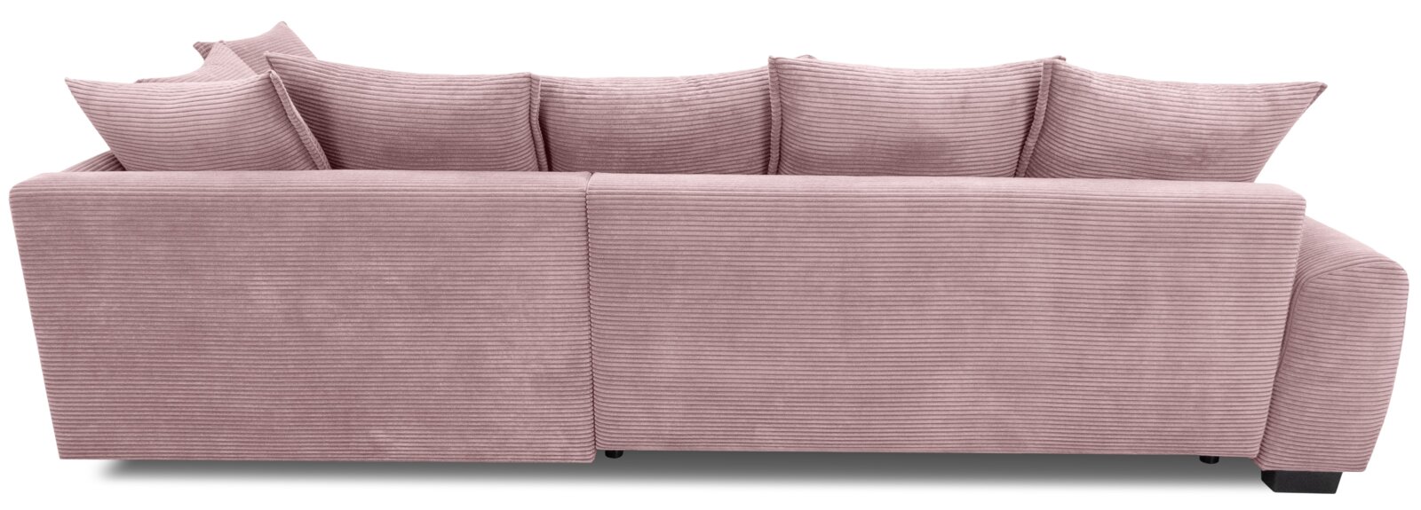 Achteraanzicht van een grote modulaire hoekbank met ribfluwelen bekleding in oudroze, met brede armleuning rechts en losse rugkussens op een witte achtergrond.