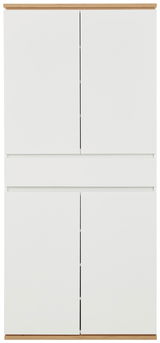 Frontansicht eines weißen XXL-Schuhschranks mit Holzdetails an der Ober- und Unterseite.