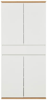 Frontansicht eines weißen XXL-Schuhschranks mit Holzdetails an der Ober- und Unterseite.