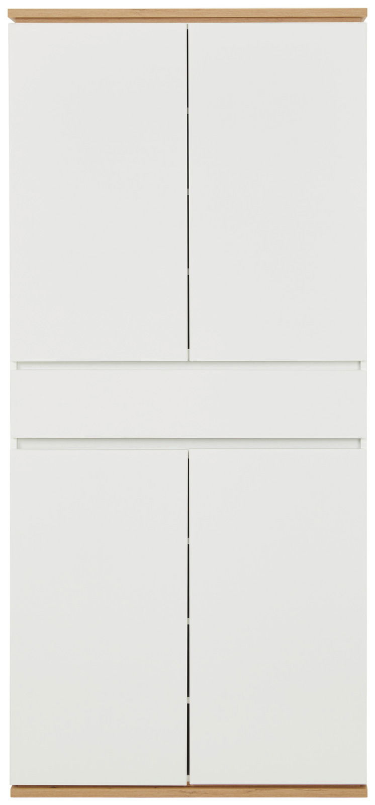 Frontansicht eines weißen XXL-Schuhschranks mit Holzdetails an der Ober- und Unterseite.