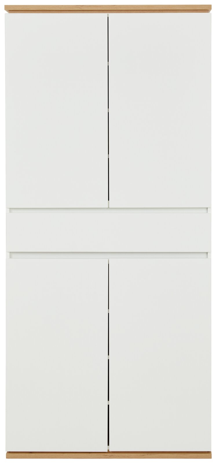 Frontansicht eines weißen XXL-Schuhschranks mit Holzdetails an der Ober- und Unterseite.