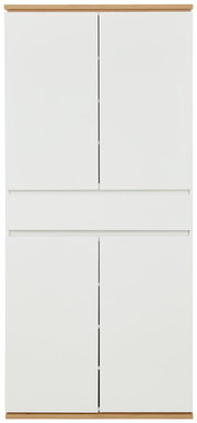 Frontansicht eines weißen XXL-Schuhschranks mit Holzdetails an der Ober- und Unterseite.