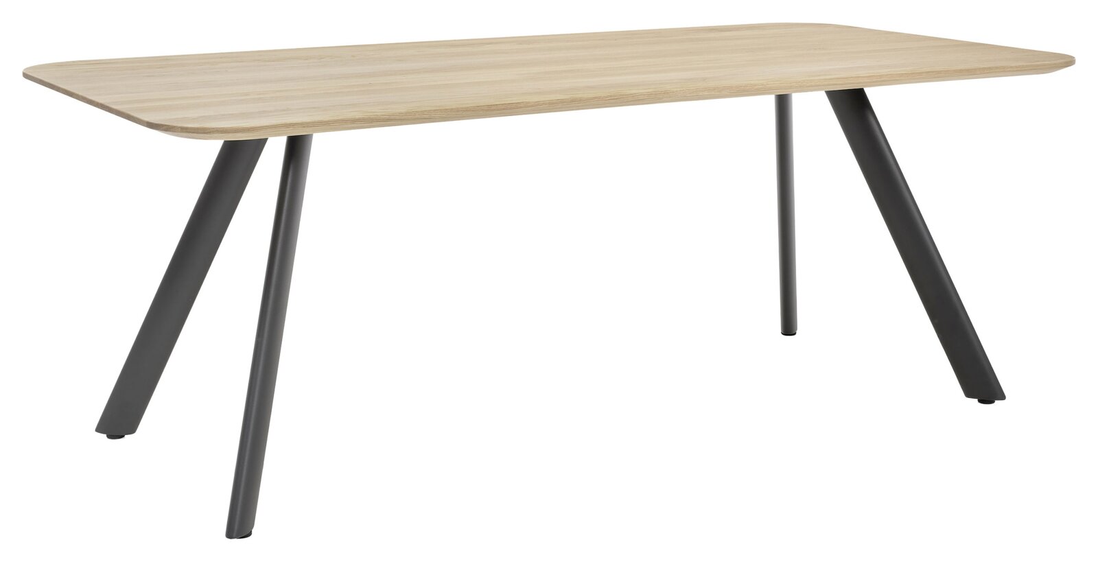 Moderner Esstisch mit heller Holzplatte und schrägen schwarzen Metallbeinen, seitliche Perspektive