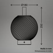 Technische Frontansicht einer runden Tischleuchte mit geriffeltem Kugelschirm und Sockel mit Power-Symbol, Maßangaben Ø 180 mm und Höhe 250 mm (Perspektive: frontal).