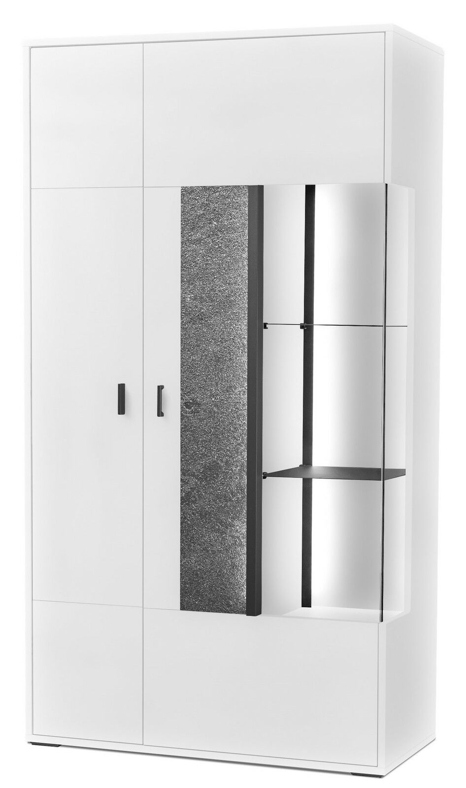 Set one by Musterring Vitrine breit rechts DELTONA Weiße Vitrine mit Glastür und grauem Akzent, frontal betrachtet.