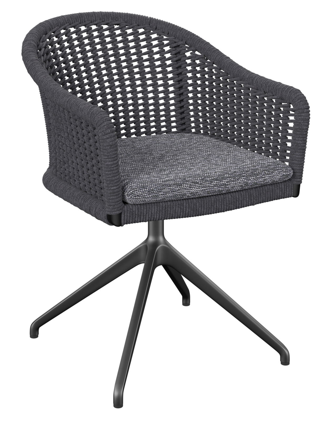 Moderner Armlehnstuhl mit geflochtenem Design und gepolstertem Sitz, seitliche Perspektive