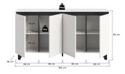 Weißes Sideboard mit vier Türen, geöffnet, zeigt Innenfächer. Frontale Perspektive.