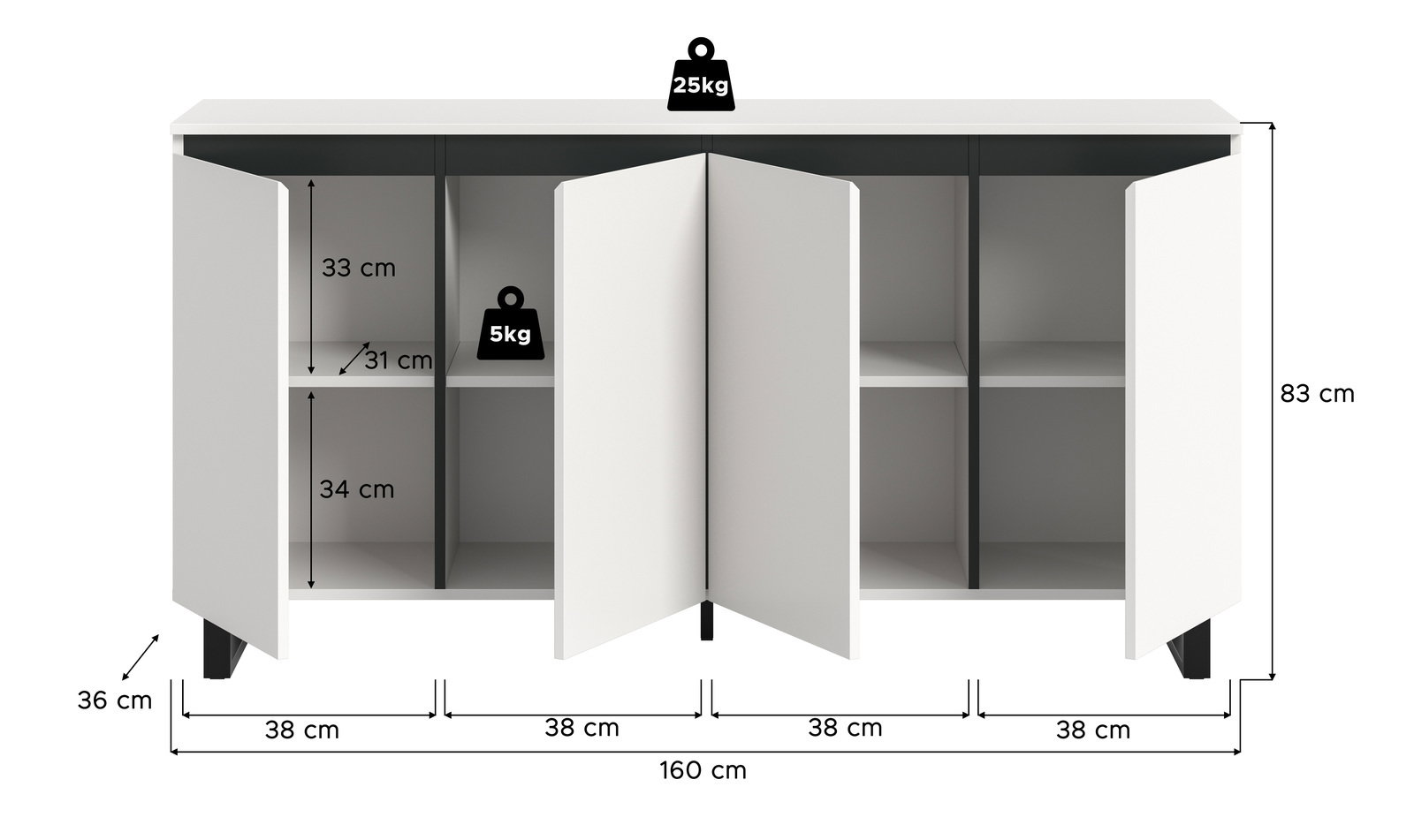 Weißes Sideboard mit vier Türen, geöffnet, zeigt Innenfächer. Frontale Perspektive.