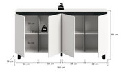Weißes Sideboard mit vier Türen, geöffnet, zeigt Innenfächer. Frontale Perspektive.