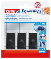 Verpackung von tesa Powerstrips Haken S Ecki, drei schwarze selbstklebende Haken, Vorderansicht