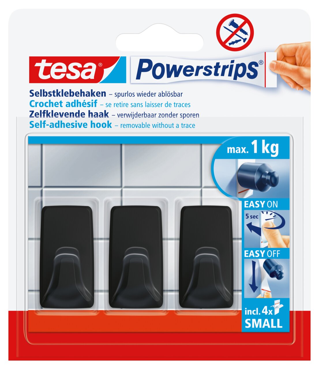 Tesa Powerstrips Haken 3-tlg. Verpackung von tesa Powerstrips Haken S Ecki, drei schwarze selbstklebende Haken, Vorderansicht