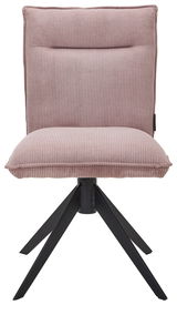 Moderner Stuhl mit rosa gepolstertem Sitz und Rückenlehne, sowie schwarzen Metallbeinen, Frontalansicht.