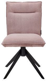 Moderner Stuhl mit rosa gepolstertem Sitz und Rückenlehne, sowie schwarzen Metallbeinen, Frontalansicht.