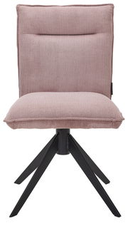 Moderner Stuhl mit rosa gepolstertem Sitz und Rückenlehne, sowie schwarzen Metallbeinen, Frontalansicht.