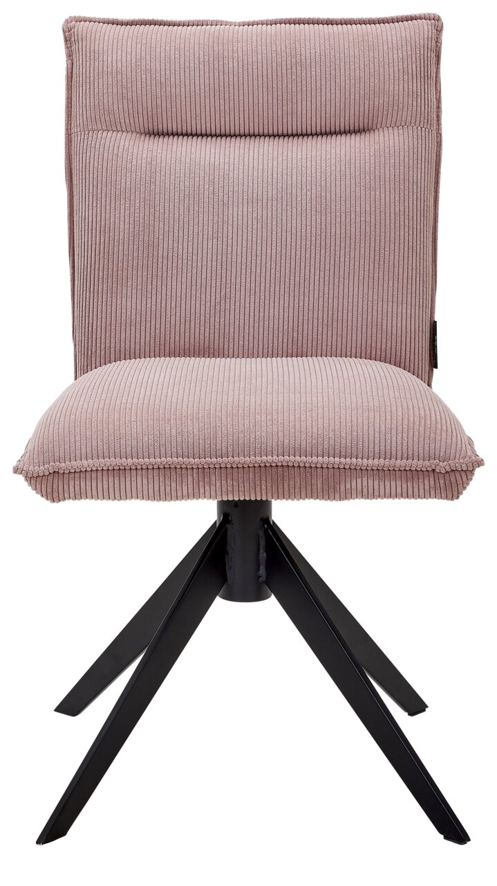 Moderner Stuhl mit rosa gepolstertem Sitz und Rückenlehne, sowie schwarzen Metallbeinen, Frontalansicht.