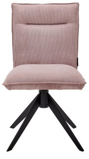Moderner Stuhl mit rosa gepolstertem Sitz und Rückenlehne, sowie schwarzen Metallbeinen, Frontalansicht.