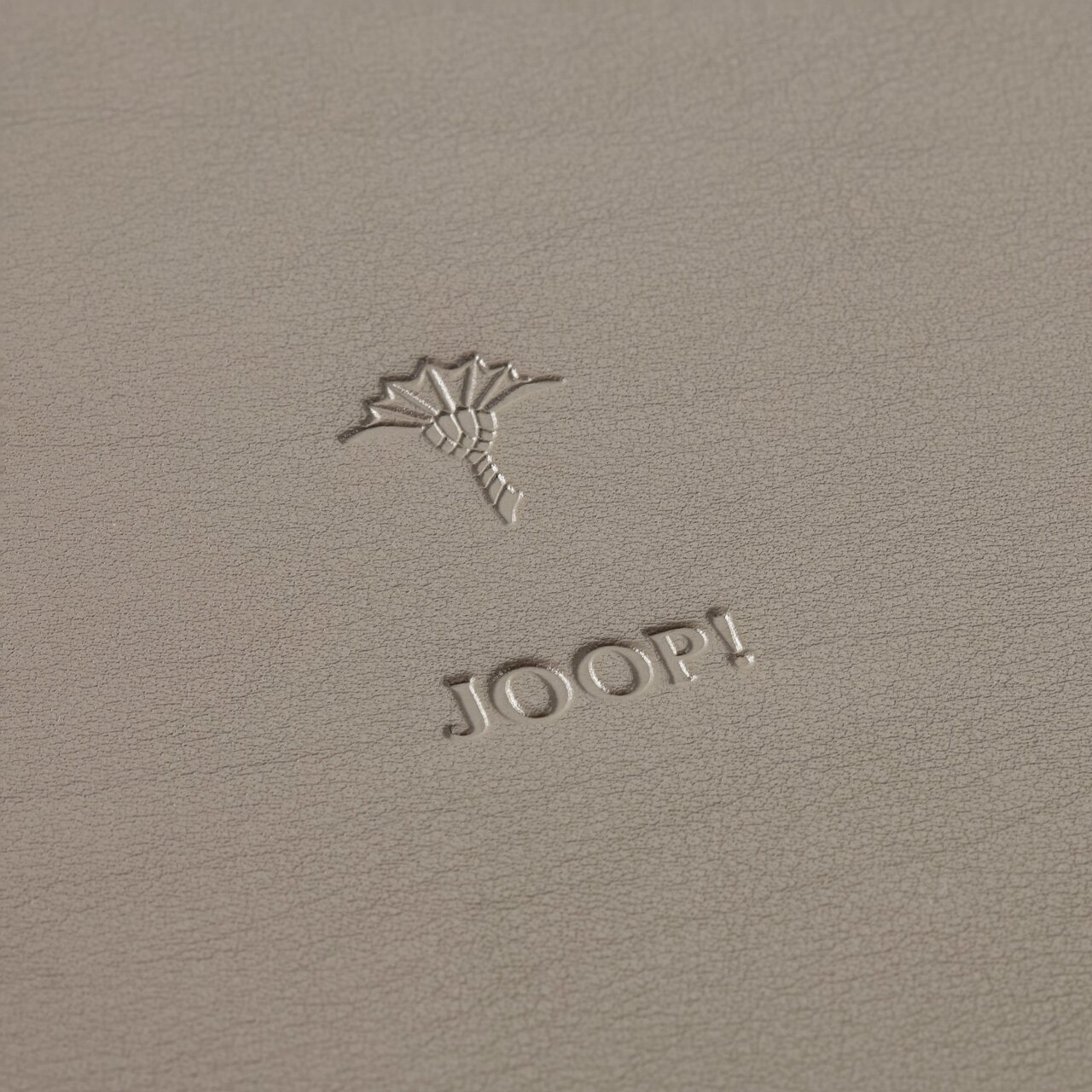 Nahaufnahme eines grauen runden Tabletts mit geprägtem Logo und Schriftzug 'JOOP!'