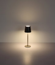 Moderne Tischleuchte mit metallischem Schirm, frontal beleuchtet auf neutralem Hintergrund