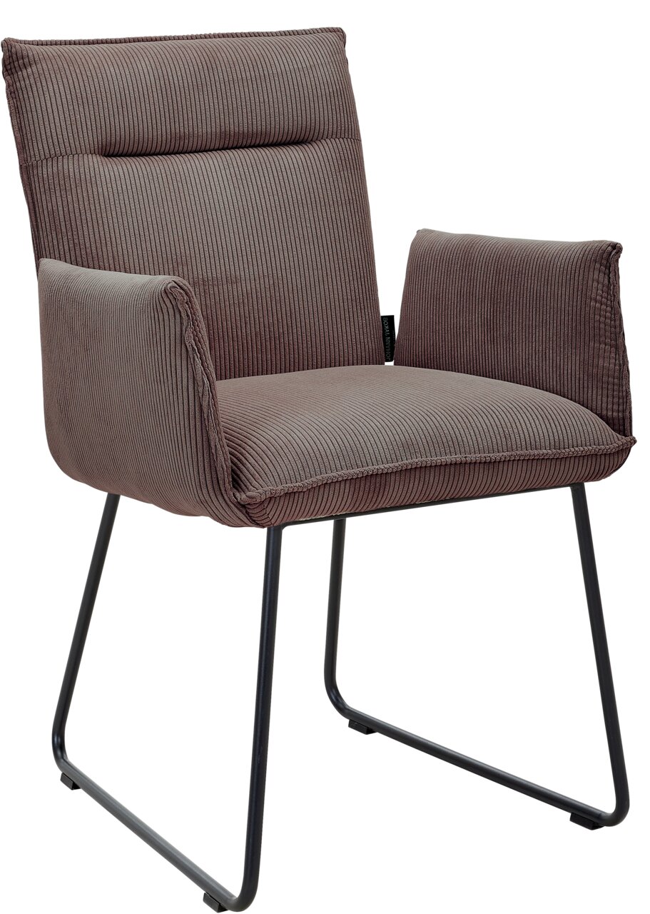 Moderne fauteuil met gestreepte stoffen bekleding, gezien vanuit de zijkant