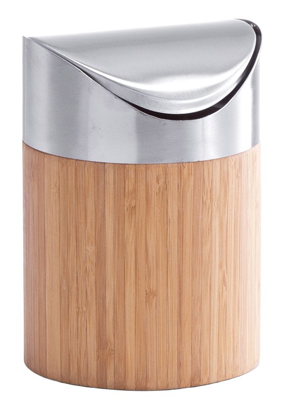 Moderner Tischabfalleimer aus Holz und Edelstahl, frontal abgebildet.