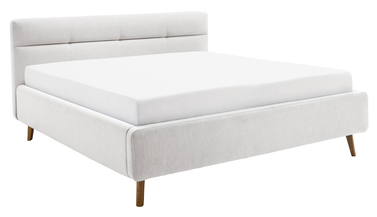 Weißes Polsterbett mit Holzfüßen, seitliche Perspektive