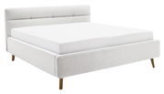 Weißes Polsterbett mit Holzfüßen, seitliche Perspektive
